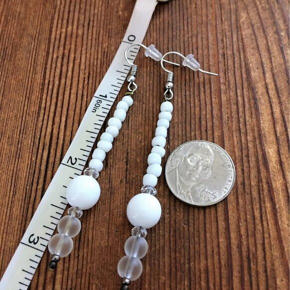 *White Beaded Long Dangle Earrings / Handmade Ladies Earrings - Picture 2 of 2
